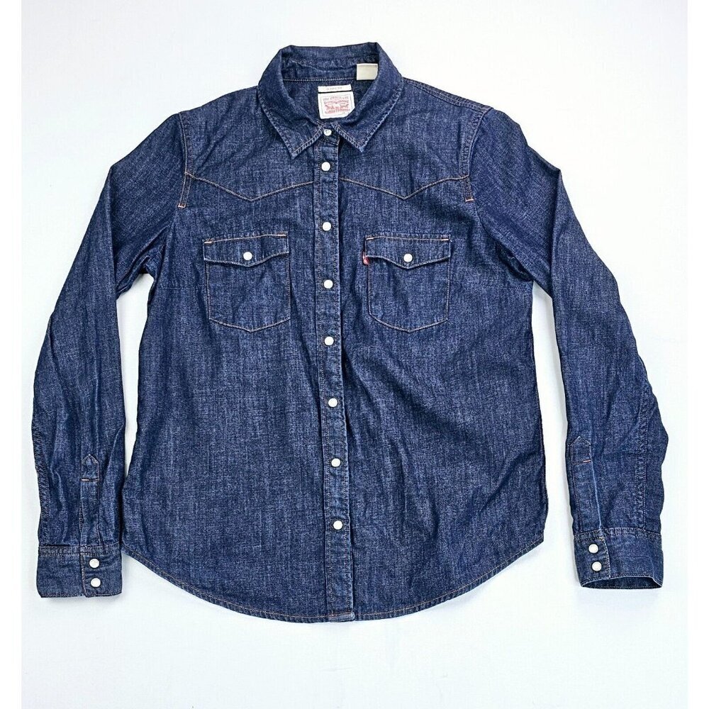Levi's Classic Size Small Women Blue Pearl Snap Logo Tag Long Sleeve Denim Shirt - Picture 1 of 13